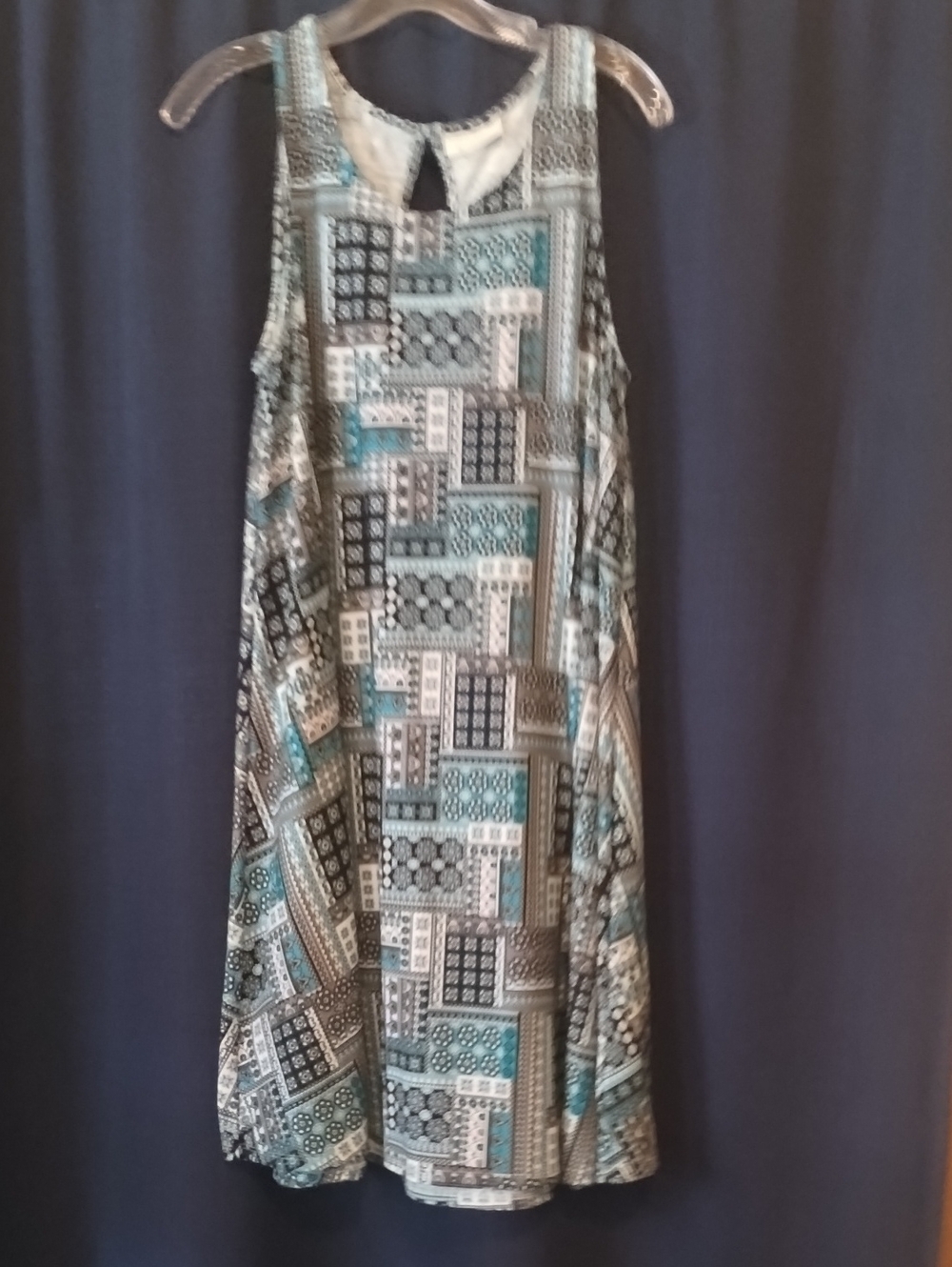 Sleeveless Patchwork-Print A-Line Swing Dress/Coverup in Teal and Black